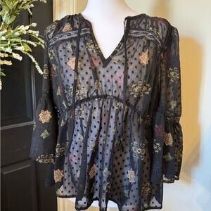 Lucky Brand Black Sheer Blouse with Floral Accents